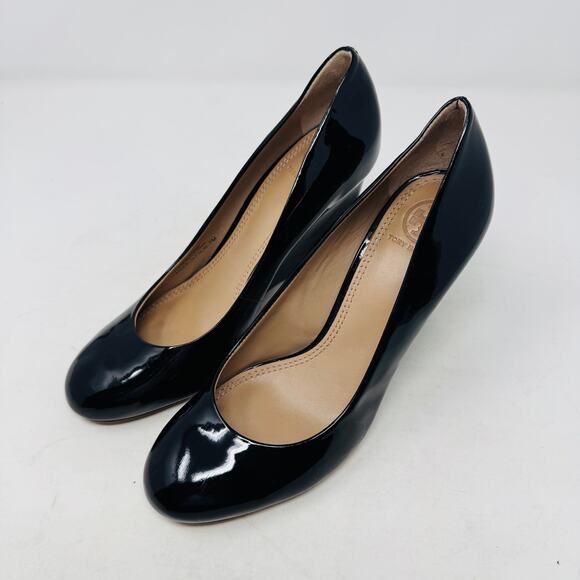 Tory Burch Black Patent Leather Wedge Heels Size 7 Logo Detail - Picture 1 of 14